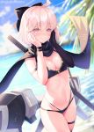  1girl ahoge bangs bare_shoulders beach bikini black_bikini black_bow black_gloves black_scarf blonde_hair blue_sky blush bow breasts cleavage closed_mouth fate/grand_order fate_(series) gloves grey_eyes hair_bow hands_on_own_cheeks hands_on_own_face highleg highleg_bikini katana large_breasts looking_at_viewer multi-strapped_bikini navel ocean okita_souji_(fate)_(all) okita_souji_(swimsuit_assassin)_(fate) scarf short_hair single_glove sky smile suzuho_hotaru swimsuit sword thigh_strap thighs weapon 