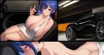  1girl ass azur_lane backless_dress backless_outfit bangs bare_shoulders blue_hair blush breasts butt_crack car car_interior dress evening_gown grey_dress grimgrim ground_vehicle half-closed_eyes highres huge_breasts jewelry looking_at_viewer mclaren_p1 medium_hair motor_vehicle navel necklace nipple_slip nipples open_mouth pink_eyes plunging_neckline revealing_clothes side_ponytail sidelocks silver_dress smile solo_focus st._louis_(azur_lane) st._louis_(luxurious_wheels)_(azur_lane) strap_pull thigh_grab 