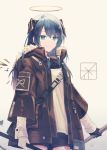  1girl arknights blue_eyes blue_hair dual_wielding fur-trimmed_jacket fur_trim gloves halo holding holding_staff horns jacket long_hair meet mismatched_gloves mostima_(arknights) shorts signature smile staff 