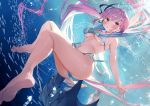  animal ass barefoot bikini blush breasts bubbles fish hololive long_hair matsui_hiroaki minato_aqua purple_eyes purple_hair swimsuit twintails underboob underwater water 