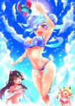  3girls :d ^_^ absurdres ahoge animal_ears aqua_hair arm_up armpits ball bandaged_arm bandages bangs bare_shoulders beachball bikini black_hair blonde_hair blue_bikini blue_eyes blush body_markings breasts cleavage clenched_hand closed_eyes cloud collarbone commentary_request covered_nipples dark_skin day eyebrows_behind_hair eyepatch fang from_below groin hair_between_eyes highres horns jumping kasane_(xenoblade) large_breasts long_hair looking_at_another low_ponytail medium_breasts midriff mikumari_(xenoblade) multiple_girls navel open_mouth outdoors pointy_ears purple_eyes red_bikini red_eyes risumi_(taka-fallcherryblossom) short_hair sidelocks smile sparkle sun sunlight swimsuit tankini thigh_gap underboob upper_teeth water_drop xenoblade_(series) xenoblade_2 zakuro_(xenoblade) 