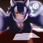  1girl :3 absurdres animal_ears black_hair blue_eyes blush breast_pocket breasts cleavage commentary commentary_request eyebrows_visible_through_hair fang full_moon fur_collar grey_wolf_(kemono_friends) hakumaiya heterochromia highres indoors kemono_friends large_breasts looking_at_viewer moon multicolored_hair paper pocket skin_fang solo tail two-tone_hair white_hair wolf_ears wolf_girl wolf_tail yellow_eyes 
