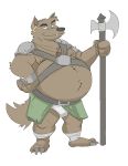  2020 absurd_res anthro armor axe belly belt big_belly brown_body brown_fur bulge canid canine canis canson claws clothing ear_piercing fangs fur hi_res male mammal melee_weapon nipple_piercing nipples overweight overweight_male piercing plantigrade solo underwear weapon wolf 