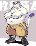  2020 anthro bakedanooki belly blush bottomwear bulge clothing cute_fangs felid fur hi_res male mammal navel overweight overweight_male pantherine shorts simple_background solo tiger white_body white_fur 
