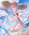  1girl beach black_footwear blue_eyes blue_flower blue_hair cloud cygames eyebrows_visible_through_hair flower hat highres holding jar lily_(granblue_fantasy) makai_no_juumin official_art outdoors petals pointy_ears red_flower sand seashell shell shingeki_no_bahamut short_hair sitting sleeveless solo sparkle starfish straw_hat wariza water 