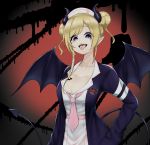  1girl alternate_costume asymmetrical_hair bangs bat_wings black_background blonde_hair blue_eyes blue_jacket blush breasts cleavage commentary cowboy_shot demon_horns demon_tail double_bun eyebrows_visible_through_hair eyes_visible_through_hair forked_tongue hair_bun hand_in_pocket hat highres hololive horns jacket large_breasts looking_at_viewer lunch_boxer medium_hair necktie nurse_cap open_clothes open_jacket open_mouth parted_bangs piercing pink_neckwear plunging_neckline pointy_ears red_background shirt short_necktie side_bun simple_background solo tail tongue tongue_piercing two-tone_background virtual_youtuber white_headwear white_shirt wings yuzuki_choco 