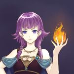  1girl absurdres bangs bare_shoulders dakkalot ears expressionless fire fire_emblem fire_emblem:_the_sacred_stones fire_emblem_heroes fireball gold_trim highres jewelry looking_at_viewer lute_(fire_emblem) necklace purple_eyes purple_hair simple_background upper_body 