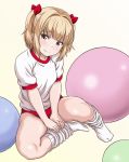  apita_(apitaro) ball blonde_hair brown_eyes buruma exercise_ball gym_uniform hair_ornament iijima_yun loose_socks new_game! red_buruma shirt short_hair socks white_legwear white_shirt 