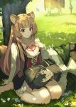  1girl 2boys animal_ears armor bangs barefoot black_hair breasts brown_hair cape cleavage closed_eyes dress flower fur_trim grass hide_(hideout) highres iwatani_naofumi kitamura_motoyasu lap_pillow leaf long_hair multiple_boys outdoors plant raphtalia red_eyes seiza sitting sleeping tail tate_no_yuusha_no_nariagari tattoo tree white_flower 