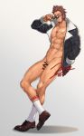  1boy abs alternate_costume bara beard blue_eyes brown_hair censored character_name chest commentary_request crossed_legs facial_hair fate/grand_order fate_(series) flaccid full_body jacket jewelry jin_(sirius-j) leaning_back long_sleeves looking_at_viewer male_focus muscle naked_jacket napoleon_bonaparte_(fate/grand_order) necklace open_clothes pectorals penis scar shoes simple_background smile solo sunglasses 