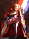  1girl absurdres asymmetrical_armor azur_lane ballet_slippers blonde_hair blue_eyes cape epaulettes fleur_de_lis french_flag full_body gauntlets highres huge_filesize le_triomphant_(azur_lane) long_hair pointe_shoes rapier red_cape shield skindentation sonaworld sword thighhighs tiptoes torpedo_tubes turret tutu weapon white_legwear 