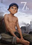  1boy absurdres backwards_hat barefoot baseball_cap beitemian belt blue_eyes brown_hair dirty feet gun gundam gundam_tekketsu_no_orphans hat highres industrial knee_pads male_focus navel nipples original outdoors rifle shirtless sky solo tareme weapon 