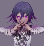  1boy checkered checkered_scarf commentary danganronpa grey_background hair_between_eyes highres huyuharu0214 jacket long_sleeves looking_at_viewer male_focus new_danganronpa_v3 ouma_kokichi pink_eyes purple_eyes purple_hair scarf short_hair signature simple_background smile solo straitjacket upper_body 