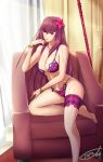  1girl absurdres bangs bare_shoulders bikini blush bracelet breasts chair cleavage collarbone curtains fate/grand_order fate_(series) flower gae_bolg hair_flower hair_ornament hibiscus highres jewelry large_breasts leg_garter legs long_hair looking_to_the_side navel polearm purple_bikini purple_hair red_eyes scathach_(fate)_(all) scathach_(swimsuit_assassin)_(fate) smile spear swimsuit thighs torozai0702 weapon 
