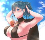  1girl armpits arms_behind_head arms_up bangs bikini black_bikini black_capelet blue_eyes blue_hair blue_sky blush breasts bubble_tea_challenge byleth_(fire_emblem) byleth_(fire_emblem)_(female) capelet cleavage cloud commentary_request drinking drinking_straw eyebrows_visible_through_hair fire_emblem fire_emblem:_three_houses fire_emblem_heroes glass hair_between_eyes highres large_breasts long_hair looking_to_the_side midriff object_on_breast sidelocks signature sky solo standing sweat swimsuit tying_hair upper_body yori_ill 