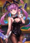  1girl :d animal_ears black_legwear blurry blush bow bowtie braid breasts bunny_ears bunny_tail bunnysuit casino cleavage depth_of_field detached_collar ginyasama hololive large_breasts minato_aqua open_mouth pantyhose poker_chip purple_eyes purple_hair slot_machine smile stool tail twintails virtual_youtuber wrist_cuffs 