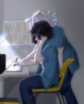  2girls adjusting_hair animal_ears behind_another black_hair black_hanekawa blue_shirt bob_cut bookshelf brown_eyes cat_ears chair commentary denim desk hand_on_another&#039;s_head hanekawa_tsubasa holding holding_pencil jeans madoa_(user_zycm7243) messy_hair monogatari_(series) multiple_girls multiple_persona notebook overshirt pants pencil shirt short_hair short_sleeves sitting spoilers standing white_hair white_shirt writing 