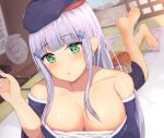 1girl bandages bangs bare_shoulders barefoot beret blue_hair breasts cleavage collarbone girls_frontline green_eyes hat highres hk416_(girls_frontline) houraku japanese_clothes large_breasts long_hair looking_at_viewer military_hat no_bra soles solo 