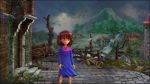  1girl absurdres blue_dress depressed dress frisk_(undertale) heart highres ivy landscape limfoman mountain ruins scenery self_upload striped twilight undertale watermill 