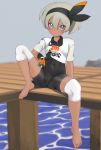  1girl :&lt; aruman barefoot black_bodysuit black_hairband bodysuit bodysuit_under_clothes closed_mouth collared_shirt commentary covered_navel feet gloves grey_hair gym_leader hair_between_eyes hairband holding holding_poke_ball knee_pads looking_at_viewer pier poke_ball pokemon pokemon_(game) pokemon_swsh print_shirt saitou_(pokemon) shirt short_hair short_sleeves silver_eyes sitting solo spread_legs tied_shirt toes ultra_ball water 