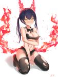  1girl absurdres bangs bare_shoulders between_legs black_bow black_hair black_legwear blush bow bowtie breasts chinese_commentary cleavage closed_mouth collarbone commentary_request en&#039;en_no_shouboutai eyebrows_visible_through_hair fiery_ears fiery_tail fire full_body grabbing_own_arm hair_between_eyes hand_between_legs highres huijin_zhi_ling kneeling long_hair looking_at_viewer medium_breasts midriff navel no_shoes nose_blush shadow sidelocks signature simple_background solo stomach strap_slip tail tamaki_kotatsu tearing_up thighhighs torn_clothes torn_legwear twintails underboob wavy_mouth white_background yellow_eyes 