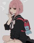  backpack bag bandaid bangs black_eyes blunt_bangs cigarette daluto_(hitomi555) ear_piercing earrings eyeliner highres jewelry looking_at_viewer makeup mole mole_under_eye original piercing pink_hair randoseru school_uniform serafuku short_hair smoke 