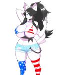  2020 5_fingers absurd_res anthro big_breasts bikini bikini_top black_hair blue_eyes blush blush_stickers bottomwear breasts canid canine canis chain clothed clothing collar domestic_dog ear_piercing ear_ring female fingers hair hair_over_eye hand_behind_head hi_res inner_ear_fluff legwear long_hair maggie_applebee mammal one_eye_obstructed pattern_clothing pattern_legwear piercing ring shorts simple_background solo spiked_collar spikes stars_and_stripes striped_clothing striped_legwear stripes swimwear theycallhimcake tuft united_states_of_america white_background 