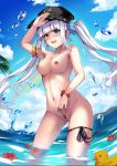  1girl :d blue_eyes blue_sky blush breasts cloud earrings ginyasama hat heterochromia highres jewelry kagura_mea kagura_mea_channel mismatched_pubic_hair nipples nude ocean open_mouth pubic_hair pussy rainbow rubber_duck shirt sky smile solo twintails uncensored virtual_youtuber water_drop white_shirt yellow_eyes 