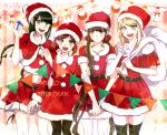  4girls :d akamatsu_kaede alternate_costume bag bangs black_legwear blonde_hair box brown_eyes brown_hair capelet chabashira_tenko christmas collarbone crop_top danganronpa dress fur-trimmed_capelet fur-trimmed_dress fur-trimmed_headwear fur-trimmed_skirt fur_trim gift gift_bag gift_box green_eyes green_hair hair_ornament hair_ribbon hair_scrunchie harukawa_maki hat holding holding_bag holding_box lens_flare long_hair looking_at_viewer low_twintails merry_christmas midriff miniskirt mole mole_under_eye multiple_girls navel new_danganronpa_v3 nyangorobei off-shoulder_dress off_shoulder open_mouth panties pantyshot pleated_dress pleated_skirt purple_eyes red_capelet red_dress red_eyes red_hair red_headwear red_scrunchie red_skirt ribbon santa_costume santa_hat scrunchie shiny shiny_hair short_dress short_hair skirt smile standing stomach swept_bangs thigh_gap thighhighs twintails twitter_username underwear very_long_hair white_ribbon yumeno_himiko zettai_ryouiki 