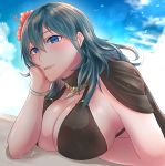  1girl :t bangs black_capelet blue_eyes blue_hair blue_sky blush breast_rest breasts byleth_(fire_emblem) byleth_(fire_emblem)_(female) capelet cleavage closed_mouth cloud commentary_request day eyebrows_visible_through_hair fire_emblem fire_emblem:_three_houses fire_emblem_heroes flower hair_between_eyes hair_flower hair_ornament head_rest highres large_breasts long_hair looking_at_viewer ribbon sidelocks signature sitting sky solo upper_body wrist_ribbon yori_ill 