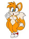  2020 2_tails acstlu anthro black_nose blue_eyes blush breasts canid canine clothing crossgender dipstick_tail featureless_breasts female footwear fox gloves handwear hi_res mammal miles_prower mtf_crossgender multi_tail multicolored_tail navel open_mouth simple_background solo sonic_the_hedgehog_(series) white_background 