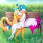  1:1 anthro bench blue_body blue_fur canid canine canis duo felid feline fur grass hi_res leopardus mammal multi_tail ocelot orange_body orange_fur outside pantherine pink_body pink_fur taizger white_body white_fur wolf 