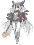  1girl :o ass_visible_through_thighs barefoot black_cape breasts cape copyright_request flower full_body grey_flower grey_hair grey_leotard grey_rose grey_skin hair_flower hair_ornament headpiece holding holding_staff karukan_(monjya) leotard long_hair long_sleeves looking_at_viewer parted_lips pointy_ears purple_eyes rose simple_background small_breasts solo staff tiara very_long_hair white_background 