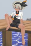  1girl :&lt; aruman barefoot black_bodysuit black_hairband bodysuit bodysuit_under_clothes closed_mouth collared_shirt commentary covered_navel feet gloves grey_hair gym_leader hair_between_eyes hairband holding holding_poke_ball looking_at_viewer pier poke_ball pokemon pokemon_(game) pokemon_swsh print_shirt saitou_(pokemon) shirt short_hair short_sleeves silver_eyes sitting solo spread_legs tied_shirt toes ultra_ball water 