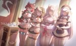  4girls :3 animal_ears apron bangs bell bell_collar black_lilith blonde_hair blush braid breasts brown_hair cat_ears cat_girl cleavage cleavage_cutout closed_eyes collar cs_perrault dog_ears dog_girl dress elbow_gloves english_text eyebrows_visible_through_hair fang fenrir_(last_origin) gloves hachiko_of_castling hair_between_eyes highres hoyo last_origin long_hair looking_at_viewer maid maid_headdress multicolored_hair multiple_girls one_eye_closed red_hair silver_hair smile twin_braids two-tone_hair very_long_hair waist_apron white_gloves white_legwear wolf_ears wolf_girl yellow_eyes 