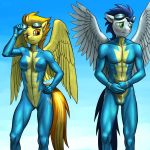  1:1 abs anthro anthrofied blush bodysuit breasts bulge clothing covering covering_crotch duo embarrassed equid equine erection erection_under_clothing eyewear female friendship_is_magic goggles goggles_on_head green_eyes hasbro looking_aside male male/female mammal murskme my_little_pony nipple_outline orange_eyes pegasus skinsuit soarin_(mlp) spitfire_(mlp) spread_wings tight_clothing wings wonderbolts_(mlp) 