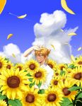  1boy absurdres aircraft airplane bad_hands bangs blue_sky brown_eyes brown_hair cloud cloudy_sky collared_shirt commentary_request condensation_trail day eyebrows_visible_through_hair field flower flower_field fushimi_gaku grin hair_between_eyes highres jewelry looking_at_viewer low_ponytail male_focus mole mole_under_eye nijisanji object_hug outdoors petals ponytail ring shirt short_sleeves sky smile solo sunflower tsumetsume_zerii white_shirt yellow_flower 