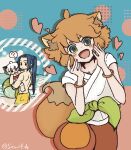  1girl 2boys animal_ears beach black_hair blush bracelet brown_hair cat_boy cat_ears drop_shadow fox_ears fox_girl fox_tail green_eyes heart jewelry long_hair looking_at_viewer luoxiaohei medium_hair multiple_boys open_mouth pants ponytail red_pants ruoshui_(the_legend_of_luoxiaohei) sasani4_de short_sleeves smile solo_focus swimsuit tail the_legend_of_luo_xiaohei topless_male twitter_username white_hair wuxian_(the_legend_of_luoxiaohei) yellow_swimsuit 