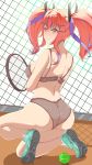  1girl absurdres ass azur_lane back ball bangs bare_shoulders black_bra black_panties bra breasts bremerton_(azur_lane) bremerton_(scorching-hot_training)_(azur_lane) chain-link_fence closed_mouth fence green_footwear hair_ornament headgear highres holding_racket lace large_breasts multicolored_hair one_knee orange_eyes orange_hair panties purple_hair racket see-through shoes sideboob sidelocks smile sneakers squatting streaked_hair tennis_ball tennis_court tennis_racket thighs twintails underwear x_hair_ornament zhu_guan_ye 