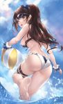  1girl ass asymmetrical_bangs ball bangs bare_shoulders barefoot beachball beatrix_(granblue_fantasy) blue_sky blush breasts brown_eyes brown_hair feet granblue_fantasy large_breasts long_hair looking_at_viewer looking_back open_mouth parfaitlate ponytail scrunchie sky soles sunglasses swept_bangs thighs toes wading water wrist_scrunchie 