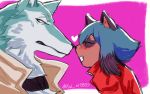  &lt;3 16:10 anthro black_body black_hair black_nose blue_body blue_eyes blue_fur blue_hair brand_new_animal brown_body brown_fur canid canine canis clothed clothing duo female fur hair jacket male male/female mammal michiru_kagemori multicolored_body multicolored_fur multicolored_hair raccoon_dog shirou_ogami studio_trigger tanuki topwear widescreen wolf xat_at1990s 