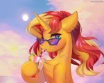  2020 blue_eyes day detailed_background digital_media_(artwork) equestria_girls equid equine eyebrows eyelashes fur hair horn mammal margony my_little_pony orange_body orange_fur outside red_hair sky sun sunset_shimmer_(eg) unicorn 