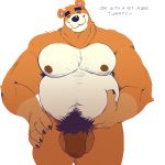  1:1 2020 animal_crossing anthro balls barazoku belly brown_body brown_nipples dialogue english_text eyes_closed flaccid genitals ghoskee hand_on_stomach hi_res humanoid_genitalia humanoid_penis male mammal moobs musclegut muscular muscular_anthro muscular_male navel nintendo nipples overweight overweight_male pecs penis simple_background solo standing talking_to_viewer teddy_(animal_crossing) text ursid video_games white_background 
