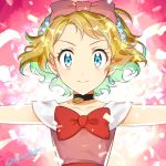  1girl black_choker blonde_hair blue_eyes blue_hair bow bowtie choker closed_mouth collarbone hair_bow kanimaru looking_at_viewer multicolored_hair outstretched_arms pink_background pink_bow pokemon pokemon_(anime) pokemon_xy_(anime) red_bow red_neckwear serena_(pokemon) shiny shiny_hair smile solo twitter_username two-tone_hair upper_body 