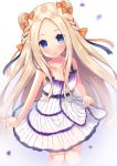  1girl abigail_williams_(fate/grand_order) absurdres alternate_hairstyle bangs bare_arms bare_shoulders blonde_hair blue_eyes blush bow braid collarbone commentary_request cropped_legs double_bun dress fate/grand_order fate_(series) gradient gradient_background hair_bow highres ko_yu layered_dress long_hair looking_at_viewer orange_bow parted_bangs parted_lips petals purple_background sleeveless sleeveless_dress smile solo very_long_hair white_background white_dress 