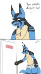  angry anthro blue_body blue_eyes blue_fur bulge chest_tuft clothing door english_text erection erection_under_clothing eyewear fur glasses gloves_(marking) hi_res humor jeffthehusky lucario lucas_arynn male markings meme nintendo pok&eacute;mon pok&eacute;mon_(species) solo spikes tenting text tuft underwear underwear_only video_games 