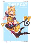  1girl absurdres ahoge animal_bag animal_ear_fluff animal_ear_legwear animal_ears ankle_cuffs artist_name bag bangs bare_shoulders bell black_legwear black_skirt blonde_hair blue_background blue_eyes blue_ribbon border bow cat_bag cat_ear_legwear cat_ears cat_girl cat_tail character_name choker commentary drop_shadow english_commentary english_text fang floral_print food frilled_choker frills fruit full_body grin hair_ornament hairclip hee_suu highres jingle_bell jumping kagamine_rin leg_garter midriff neck_bell neckerchief no_shoes off-shoulder_shirt off_shoulder orange_(fruit) orange_bow orange_slice outside_border paw_pose paw_print_soles petticoat pink_nails pink_ribbon pleated_skirt print_legwear print_skirt ribbon shirt short_hair shoulder_bag skirt smile solo sparkle tail tail_bow tail_ornament themed_object thighhighs vocaloid wrist_cuffs wrist_ribbon yellow_bow yellow_neckerchief 