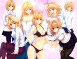  1girl :d antenna_hair arcueid_brunestud bangs bare_shoulders black_bra black_legwear black_panties blonde_hair bow bow_bra bow_panties bra breasts cleavage_cutout collarbone contrapposto crossed_arms crossed_legs dress expressions eyebrows_visible_through_hair hair_intakes iro_(sekaixiro) looking_at_viewer medium_breasts multiple_views navel open_mouth panties pantyhose parted_lips pleated_skirt purple_legwear purple_skirt red_eyes ribbed_sweater shiny shiny_clothes sitting skirt smile standing strapless strapless_dress sweater tsukihime turtleneck turtleneck_sweater underwear white_sweater 
