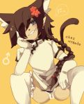  2015 accessory anthro armwear black_nose braided_hair brown_hair bulge butt clothing elbow_gloves flower flower_in_hair fur gender_symbol girly gloves grey_eyes hair hair_accessory hair_over_eye hand_on_face handwear kemono legwear long_hair looking_at_viewer male mammal one_eye_obstructed orange_background plant simple_background smile solo symbol tan_body tan_fur thigh_highs toumitu white_body white_fur ♂ 
