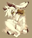  2015 anthro barefoot black_nose braided_hair crouching fingers fluffy fluffy_tail fur green_eyes grey_body grey_fur hair horn kemono looking_at_viewer male mammal mostly_nude scar solo toes toumitu white_body white_fur white_hair 